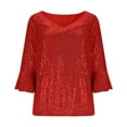 thumbnail image 6 of XPMWRP Sequin Sparkly Shirts for Women Dressy Casual 3/4 Sleeve Glitter Blouses Elegant V Neck Party Tunic Tops Purple XXL, 6 of 9