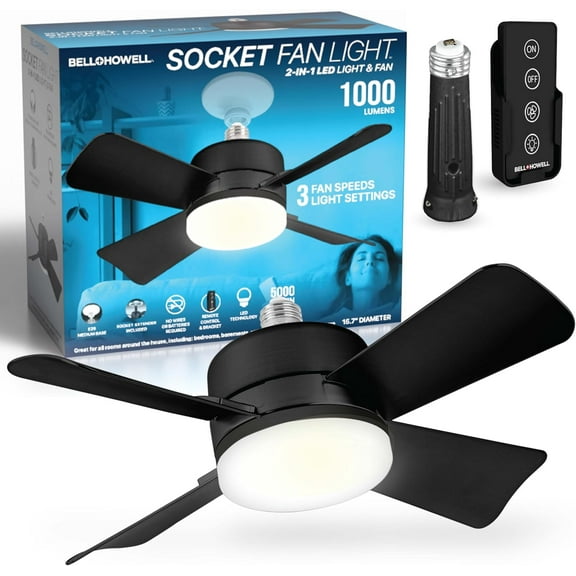 Socket Fan Ceiling Fan with Light 15 inches Fan 1000 Lumens Speed Light Includes Remote Control, 4 Blade Ceiling Fan Black
