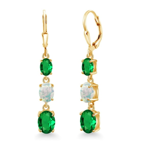 Gem Stone King 18K Yellow Gold Plated Silver Green Nano Emerald 3 Stone Dangle Earrings for Women (4.30 Cttw, Gemstone May Birthstone, Oval 8X6MM, 7X5MM and 6X4MM)