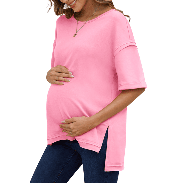 Camiseta Holgada de Algodón de Color Liso con Cuello Redondo y Aberturas Laterales, Rosa , Talla M
