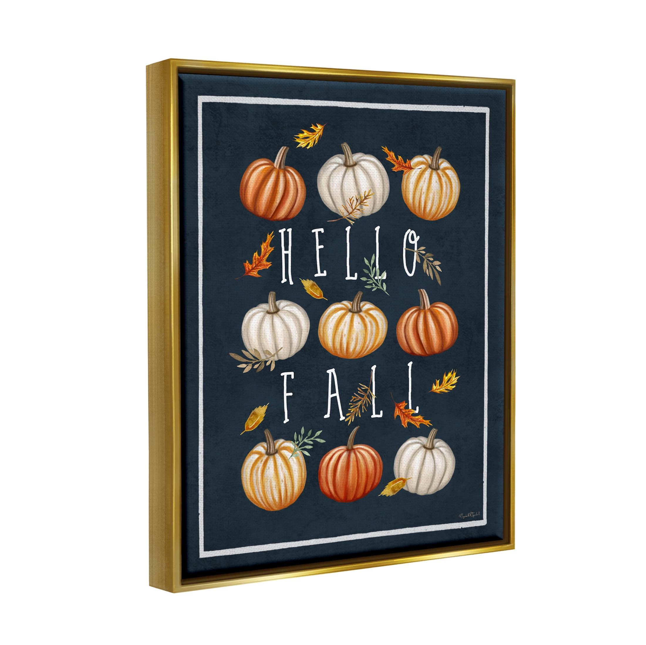 Stupell Industries Hello Fall Mixed Pumpkins Graphic Art Metallic Gold Floating Framed Canvas Print Wall Art, Design by Elizabeth Tyndall