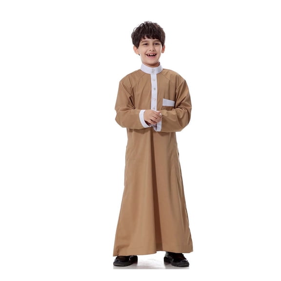 Teen Muslim Thobe for Boys Long Sleeve Button Coffee Thobe Muslim Prayer Dress 11-12 Years Boy Clothes