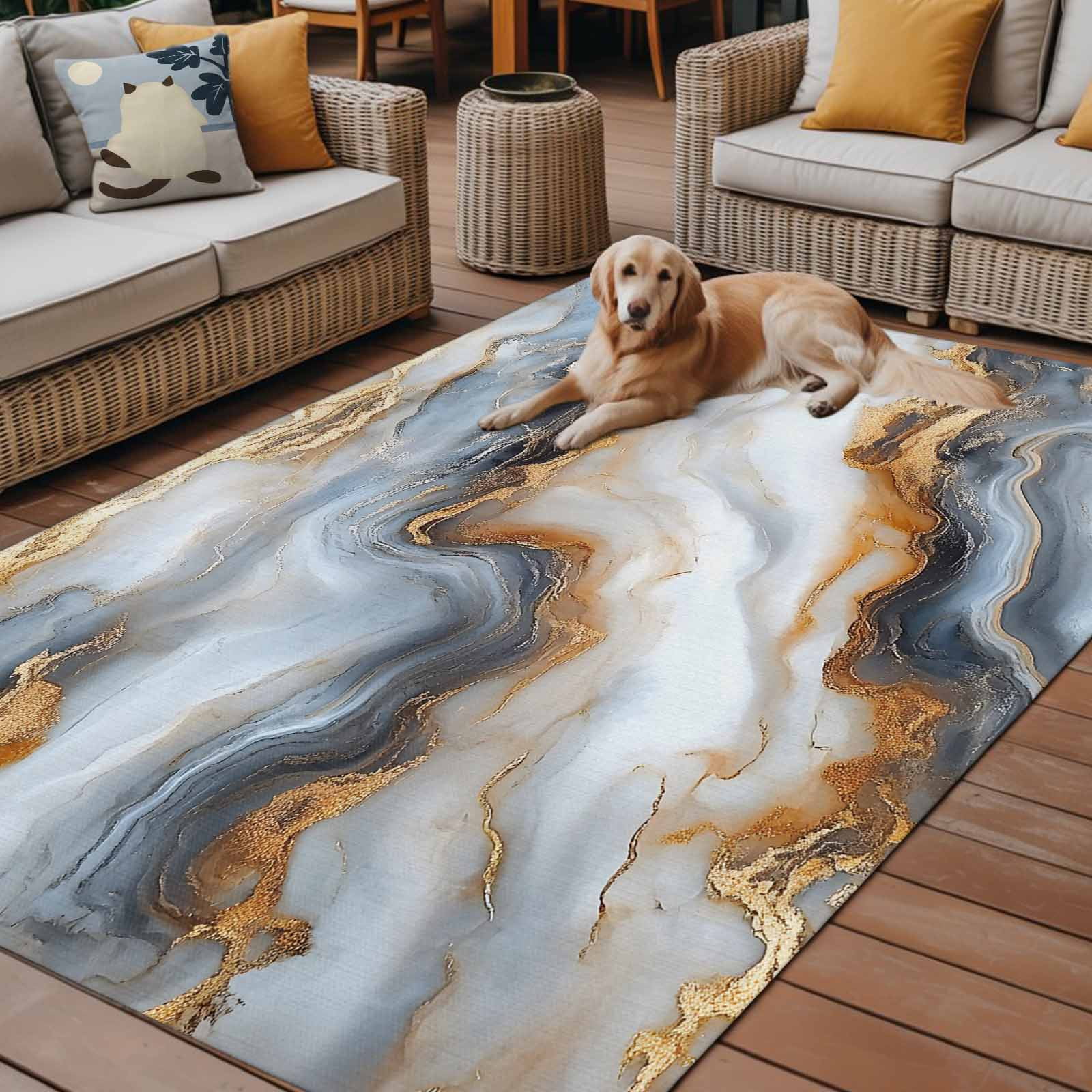 Outdoor Rug 5x8ft Ombre Gray Golden Marble Texture Large Area Rug Abstract Art Indoor Outdoor Carpet Outdoor Rugs Mats for Patio Camping,RV,Front Door, Outside Decor