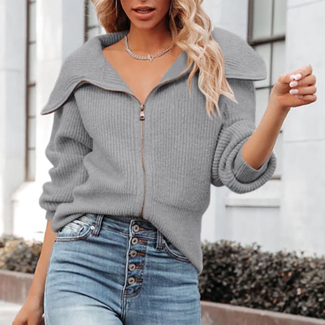 Suéter de punto de solapa para mujer Cómodo suéter de ganchillo Cárdigan Otoño Invierno Outwear Abrigo