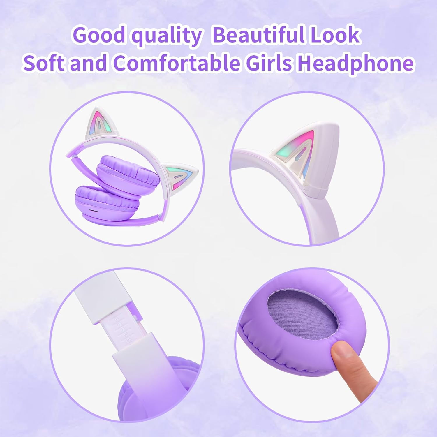 Yuehuam Cat Ear Headphones, Kids Bluetooth Headphone with Microphone, Foldable Comfortable and Adjustable Wireless/Wire Over Ear Headset for Girls Teenagers and Adults, Purple
