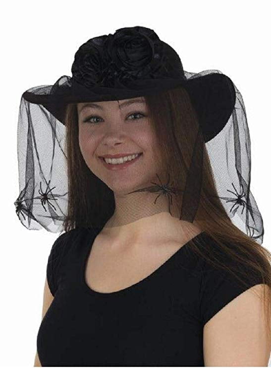Black Widow Hat with Veil & Spiders Flowers Women's Halloween Costume