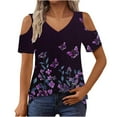 thumbnail image 4 of Womens Cold Shoulder Tunic Tops with Prints Short Sleeve V Neck Graphic Tees Summer Fashion Tshirts (XL, Purple), 4 of 6