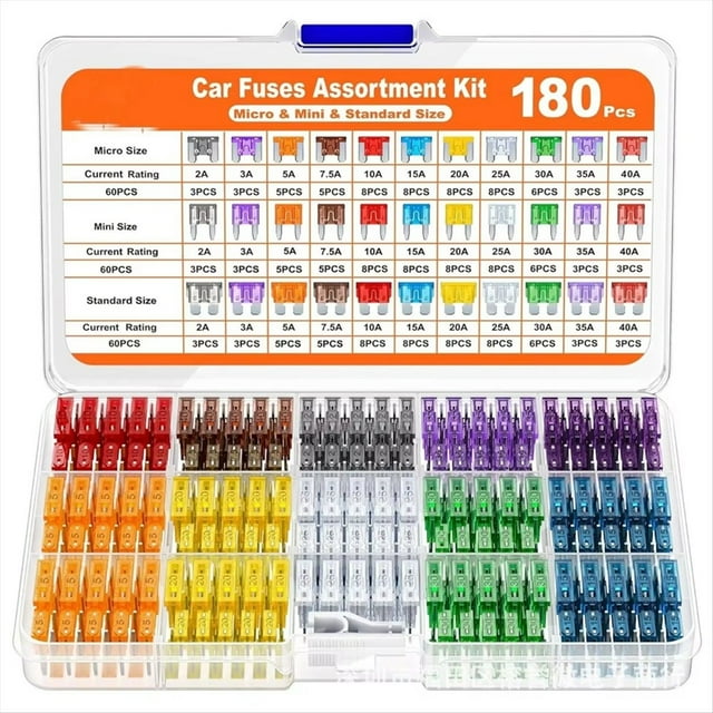 Juego de 180 Fusibles Surtidos para Coche: 60 Fusibles de Cuchilla Mini, 60 Fusibles Estándar para Automoción, 60 Fusibles Micro-Tipo y Extractor de Fusibles.
