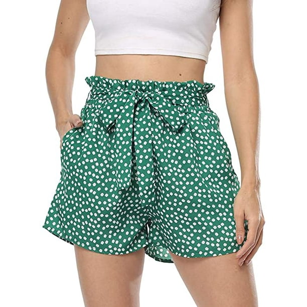 MISS MOLY Women's High Waisted Shorts Striped Ruffle Elastic Waist Summer  Beach Short with Pockets Green S - Walmart.com