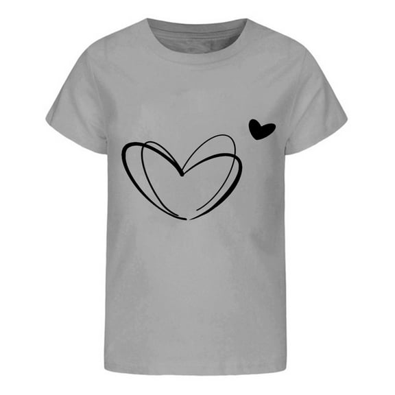 Tisuna Girls Short Sleeve Shirt Child Heart Print Crew Neck Pullover Tops Comfortable Leisure Kids Summer Casual Outfits Grey Size 4-5 Years