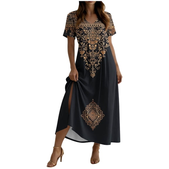 XUNKUSGA Boho Dresses for Women Fashion Floral Print Maxi Dress Casual Cotton V Neck Short Sleeve Split Sun Dresses Women with Pockets for Beach,Black,S