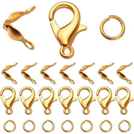 500pcs Jewelry Making Accessories Kit, 200pcs Knot Covers Clamshell Fold-Over Bead Tips 100pcs Lobster Claw Clasps and 200pcs Open Jump Rings Connectors for Jewelry Making Supplies, Gold