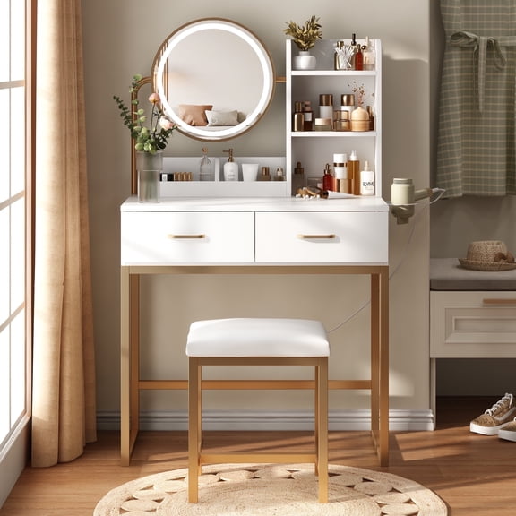 VEANERWOOD Vanity Desk with Lights and Round Mirror, Modern Vanity Makeup Table with 2 Drawers, White