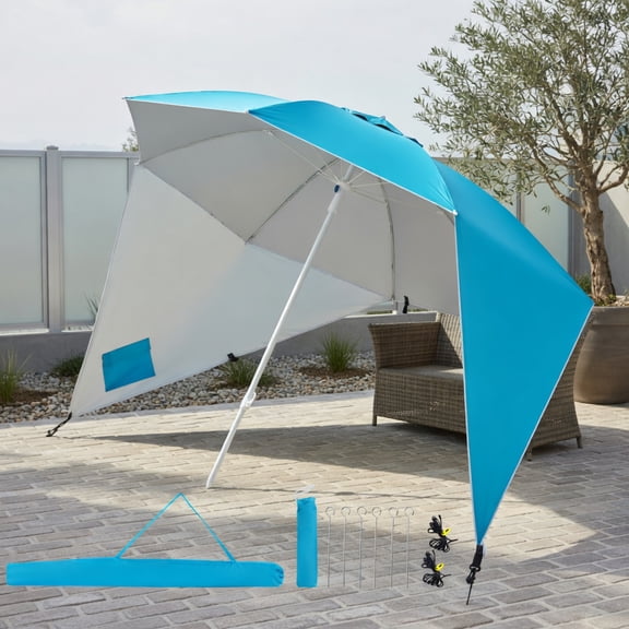 Resenkos 2-in-1 Beach Shelter Umbrella with Side Panels – UPF 50 Sun Protection, Portable Camping Shade Tent for Picnic, Fishing & Outdoor Activities – Turquoise/Blue