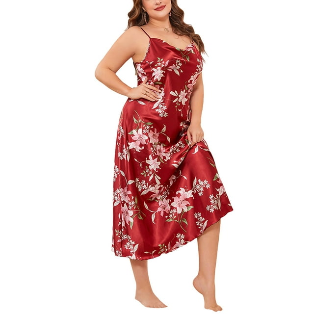 Sexy Dance Women Sleepwear Stain Silk Nightgowns Plus Size Sleep Dress Sexy Tank Sleeveless Night Safflower 4XL