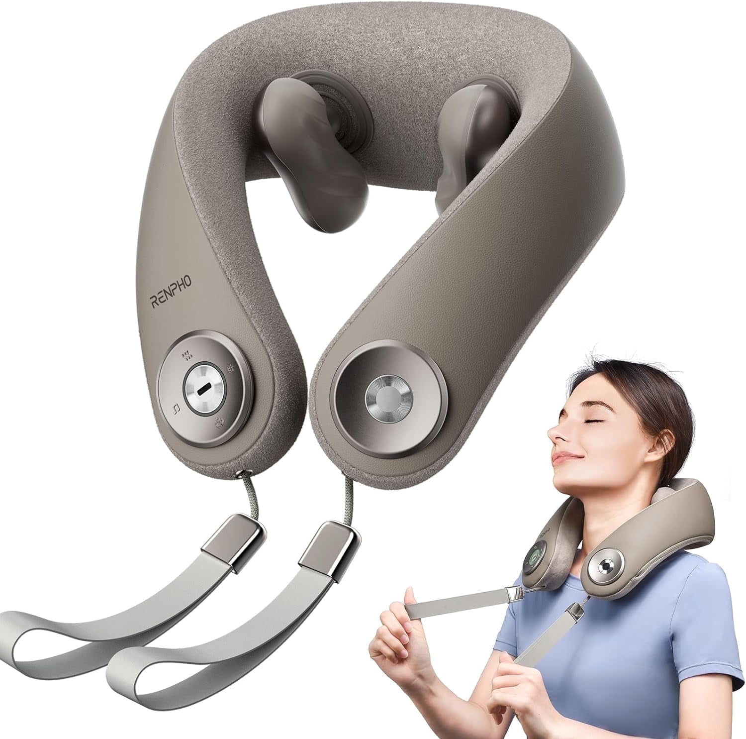 Renpho Shiatsu Neck and Shoulder Massager with 2 Levels Heat, Cordless Deep Tissue Massage with Music Playable Bluetooth