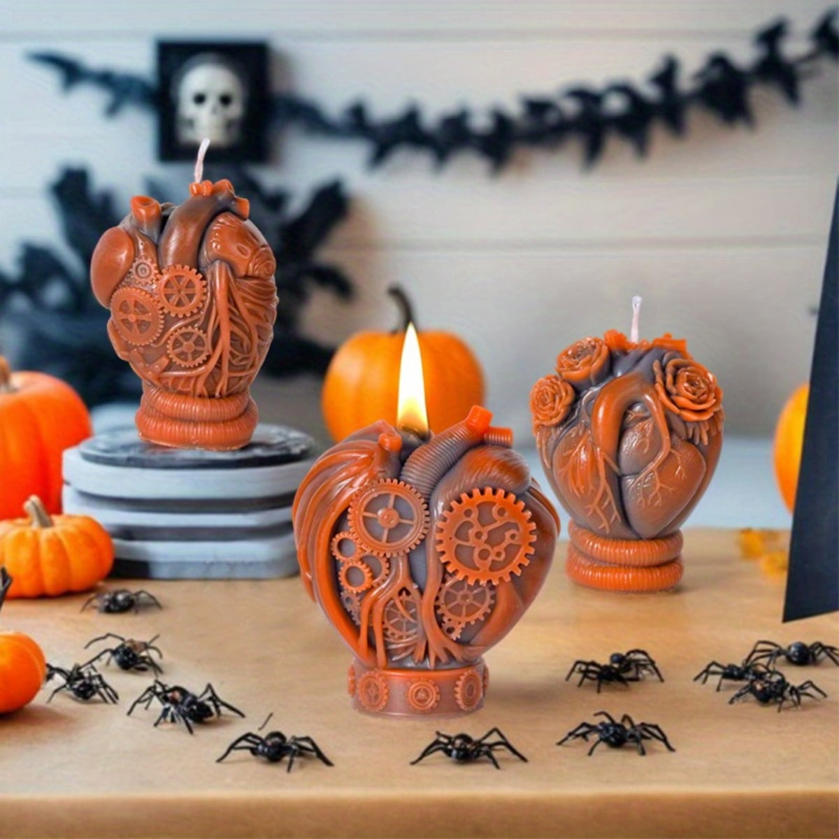 4 Pieces of Halloween Mechanical Heart Scented Candles, A Strange Skull Heart Silicone Mold - Used for Creating Mechanical Heart Design Molds for Halloween Decorations