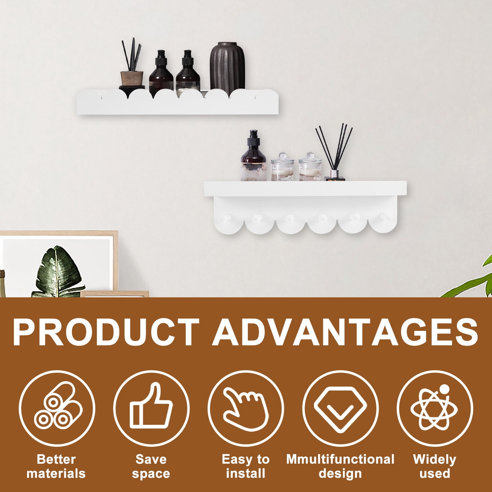 3Pcs Scalloped Wood Wall Storage Shelf Versatile Strong Load Bearing Wood Floating Wall Shelf for Nursery Living Room Toddler Room