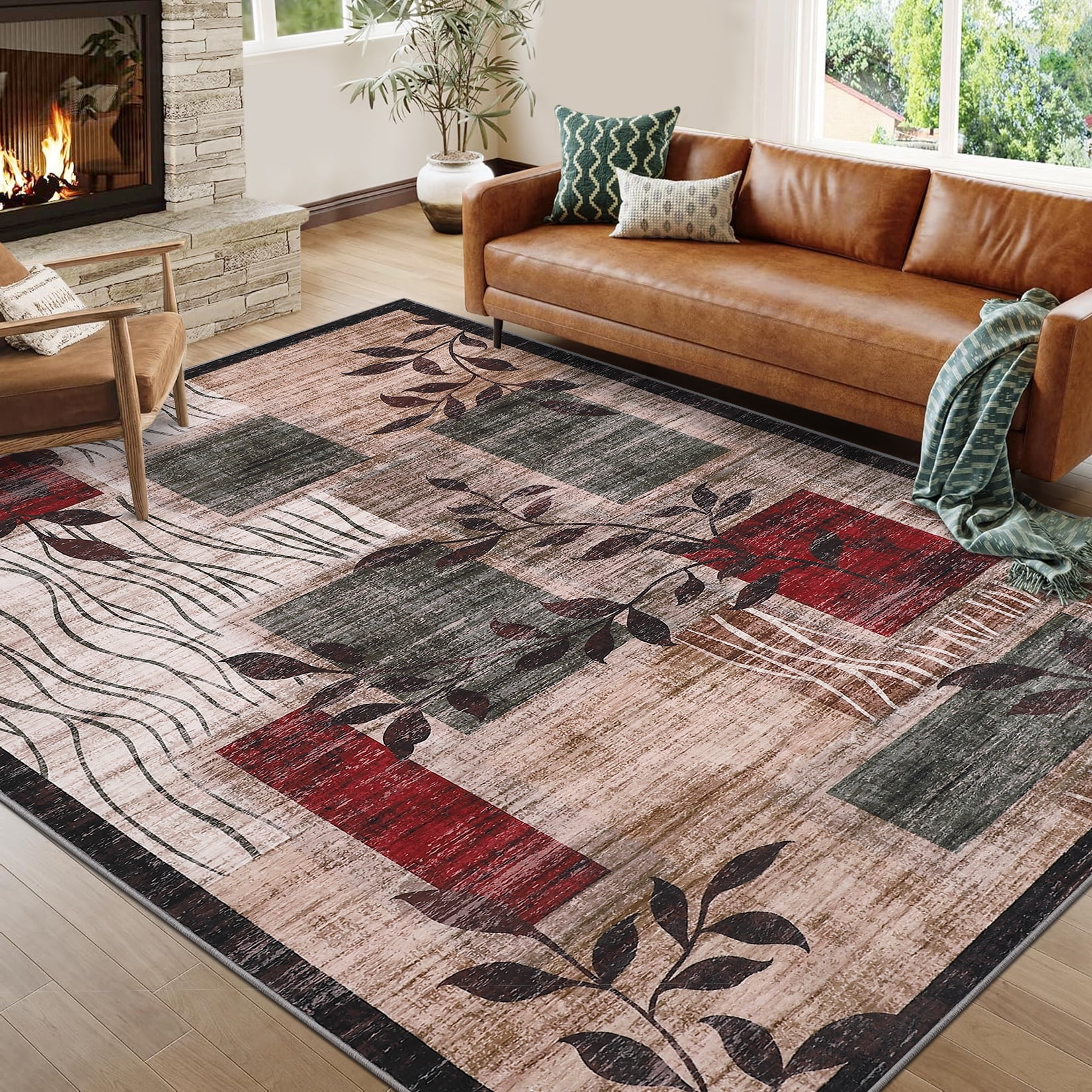 FairOnly 5'x7' Brwon Modern Abstract Leaf Area Rugs for Bedroom Washable Ultra-Thin Rugs for Home Office Indoor Floor Area Rugs for Bathroom