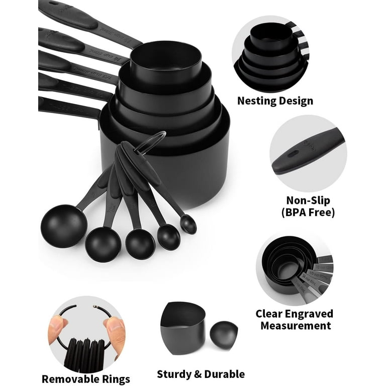 Stainless Steel Measuring Cups and Spoons Set of 10 Piece, Nesting Metal Measuring  Cups Set with Soft Touch Silicone Handles for Dry and Liquid Ingredients,  Cooking & Baking (Black) 