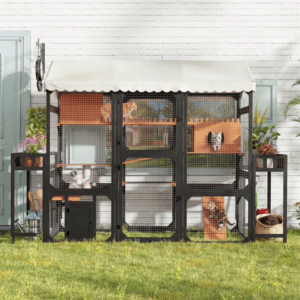108" Large Outdoor Cat Enclosure Wooden Catio, Multi-Level Cat Playpen with Weather-Resistant Roof, Resting Box, Climbing Ramps &  2 Plant Stands for Backyard Patio, Black