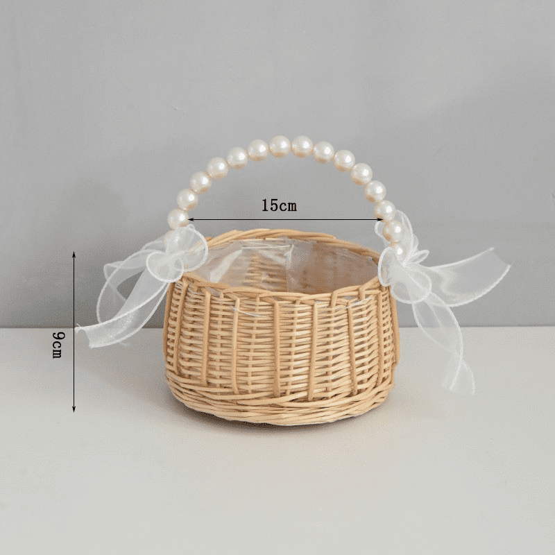 KUNPENG Rattan Flower Basket with Pearl & Fish Tail Gauze, Woven Easter Basket for Kids, Decorative Wicker Wedding Gift Basket with Ribbon for Fruits, Snacks & Photography Props, 10"x7"x10"