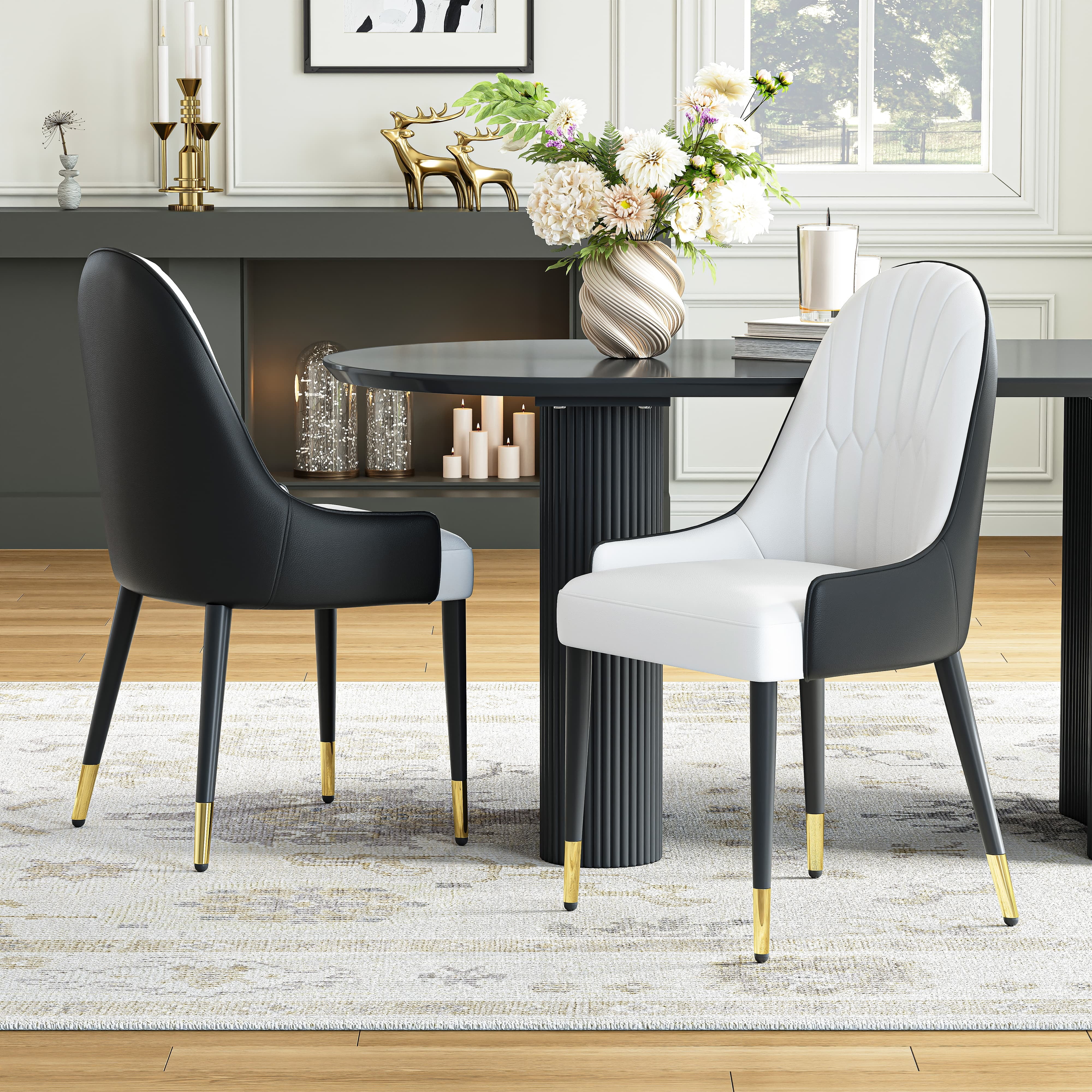 2-Piece Dining Chairs Set, Black-White PU Faux Leather Upholstery with Metal Frame, Modern Design for Kitchen, Living Room, Office