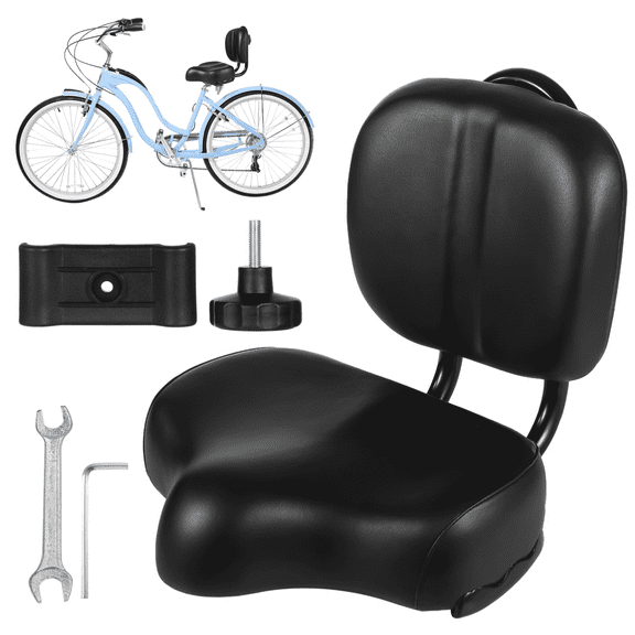 Bike Seat with Backrest, Oversized Bicycle Saddle with Back Support, Wide Bike Padded PU Cushion Saddle, Universal Saddle Replacement for Tricycle, Height Adjustable, Black