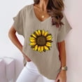 thumbnail image 4 of WREESH Women's Cotton Linen Sunflower T-Shirt V-Neck Short Sleeve Dolman Top Khaki, 4 of 5