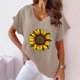 thumbnail image 2 of Camiseta de Manga Corta con Cuello en V con Impresión de Girasol, Algodón Casual Y Top de Cáñamo, 2 of 4