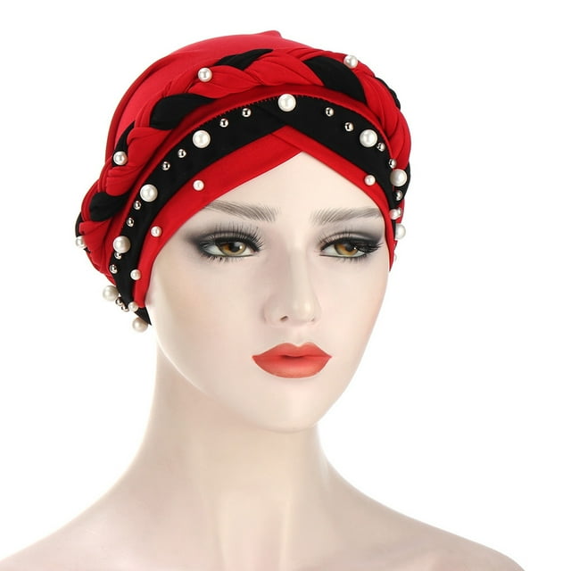 Moins de 10$ Casquettes de Baseball Rouges Femmes Musulmanes Baotou Chapeau Soie de Lait Perles d'Ongles Bicolores Turban Tressé