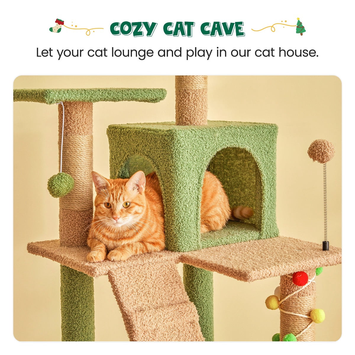 MWPO 63.8" Multi-Level Cat Tree with Condo and Scratching Post Tower, Green