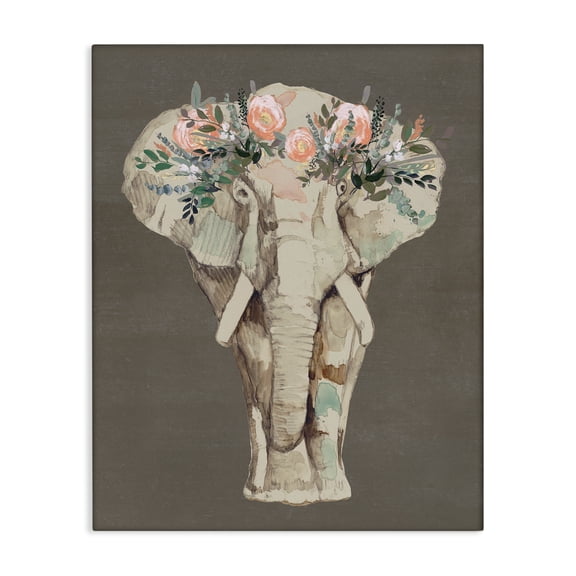 Stupell Industries Bohemian Elephant Floral Crown Brown Canvas Art, 16 x 20, by Jennifer Goldberger