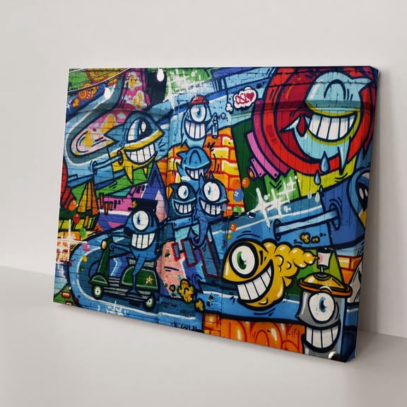 Framed Canvas Wall Art Colorful Happy Sharks Cartoon Graffiti & Street Art Famous People Pop Art Modern Urban for Living Room, Bedroom, Office(12" W x 8" H，Framed)