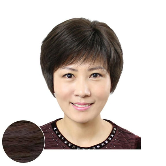 DLQT Dark Brown Middle-Aged And Elderly Wig Female Short Hair Full Head Cover Chemical Fiber Head Cover Short Straight Hair Fluffy Natural Middle-Aged Mother Hair Cover