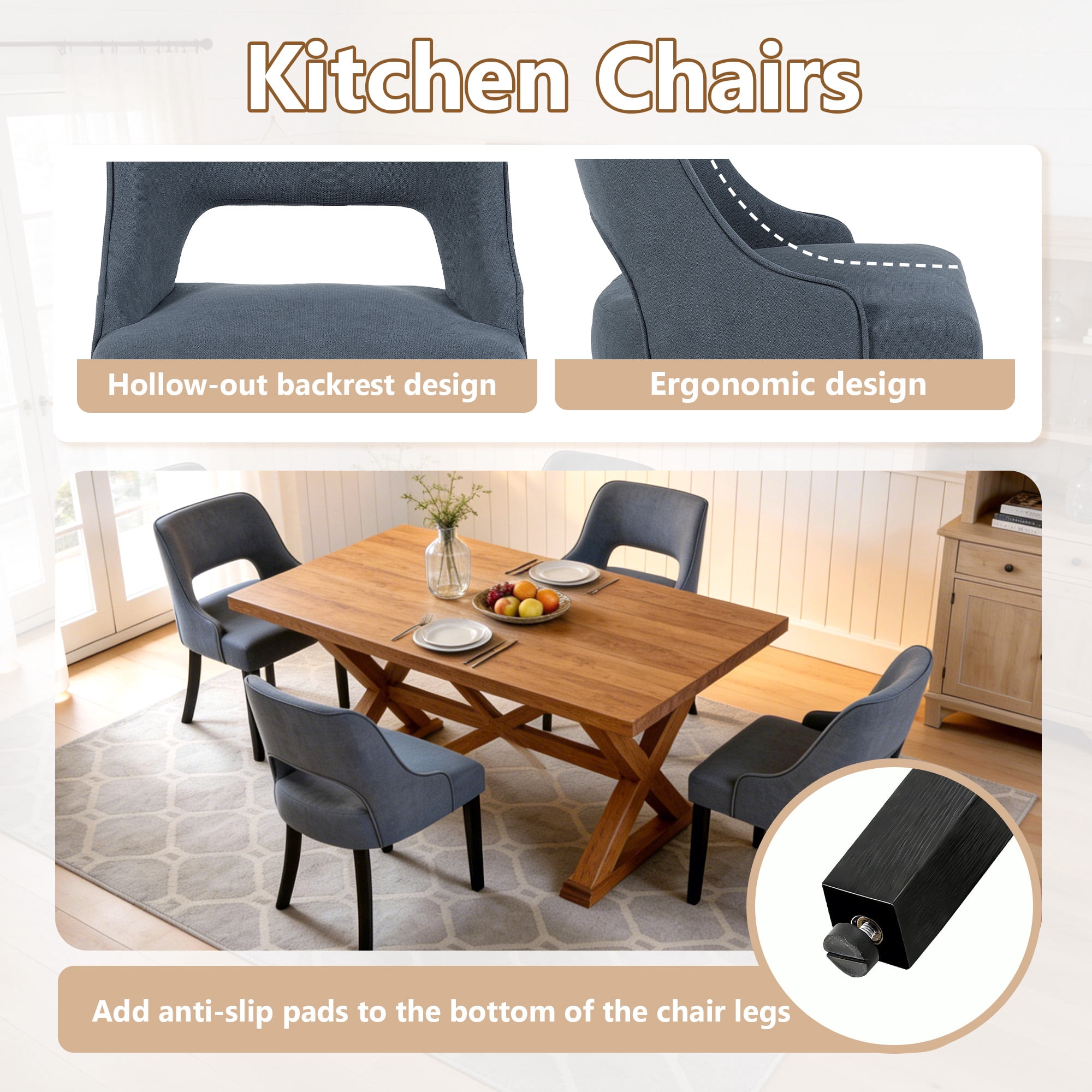 ClinQ Dining Chair,Morden Wood Leg Upholstered Kitchen Chair Set of 2, Navyblue-Black Leg