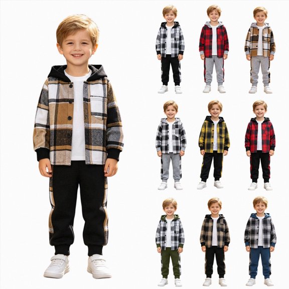 Enyan Toddler Baby Boy Clothes Long Sleeve Hoodie Plaid Flannel Shirt and Pants Set Fall Winter Outfits(Black,3 Years)