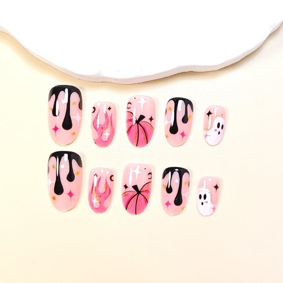 24Pcs Halloween Press On Nails Medium Almond & Short Square, Spooky Fake Nails Full Cover Glue on Nails for Women Girls Christmas Party Gift