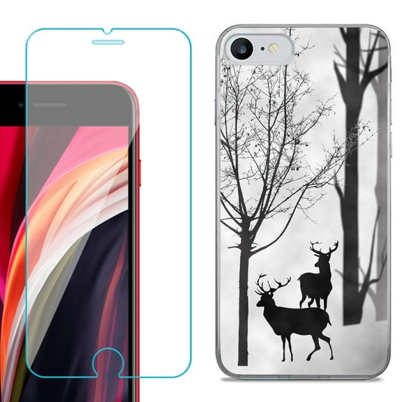 Slim-Fit Fashion Gel Phone Case for iPhone SE 2022, with Tempered Glass Screen Protector, by OneToughShield ® - Forest Deer