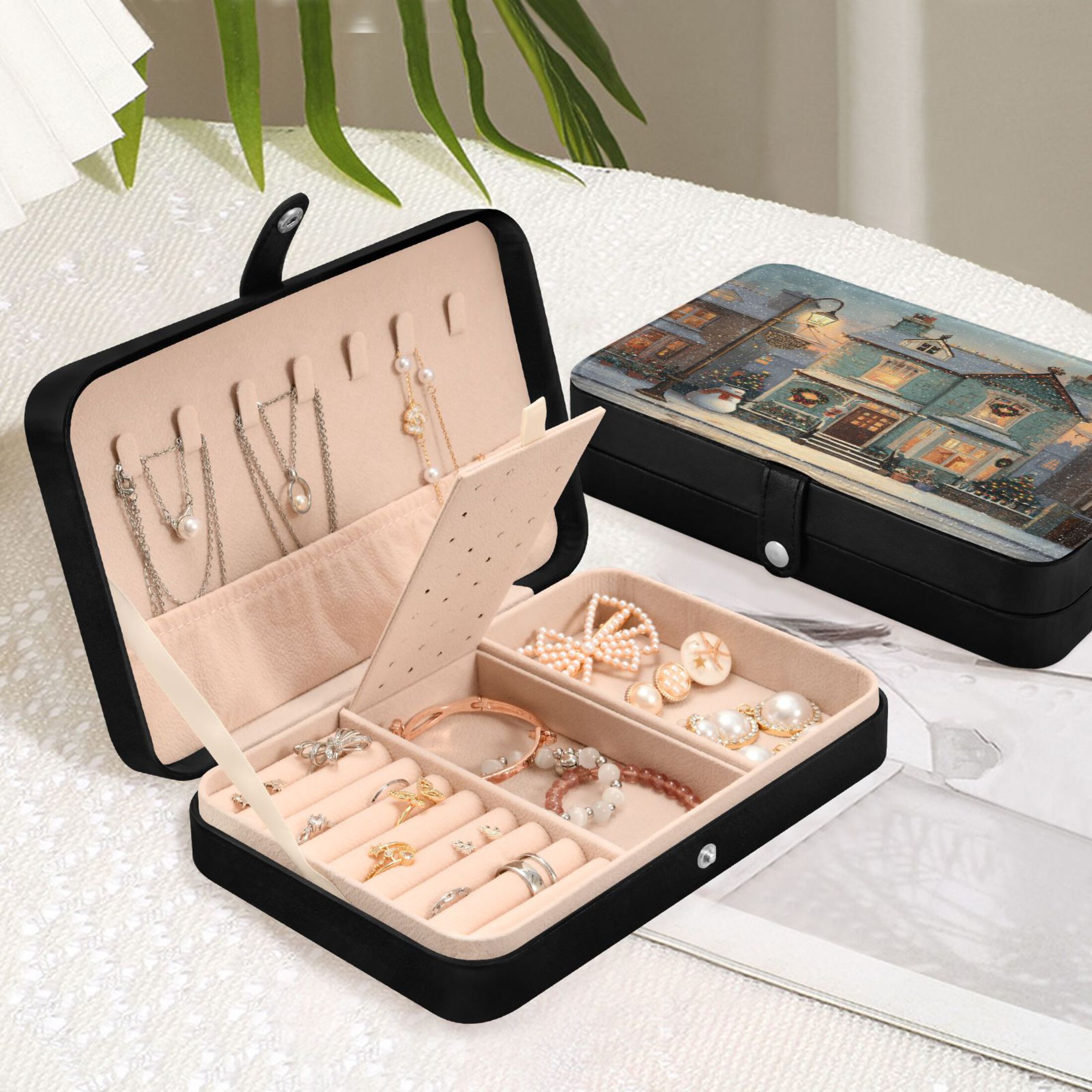 Leather Jewelry Box Rectangular 8.27x5.5x1.78In Travel Jewelry Storage Earrings Necklace Bracelet Watch Brooch Storage Beautiful Christmas House