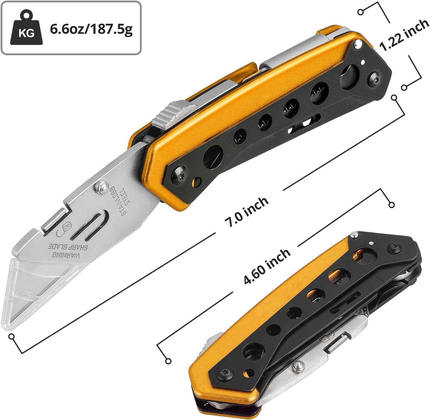 Folding Utility Knife, Box Cutter Knife, Razor Work Knives, 6 in 1 Utility Knives Multitool with 5 Razor Blades, Screwdriver, Saw, Belt Clip Safe Lock, EDC Gadgets Gifts for Men Women, Yellow