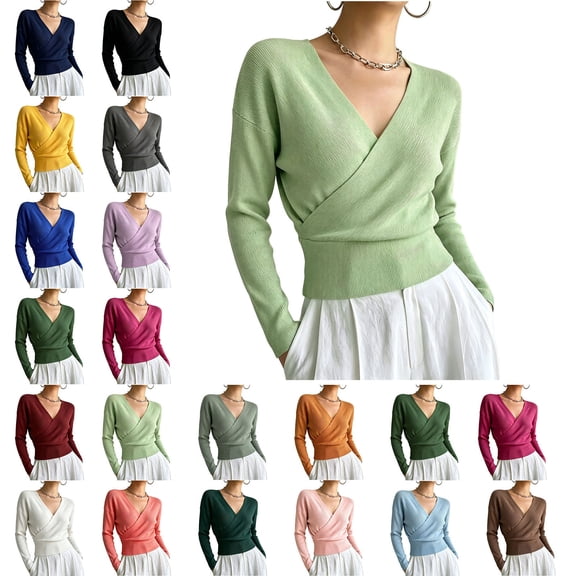 Women's Wrap Tops V Neck Long Sleeve Pullover Cropped Shirts Crossover Knitted Top for Fall Winter Mint Green S