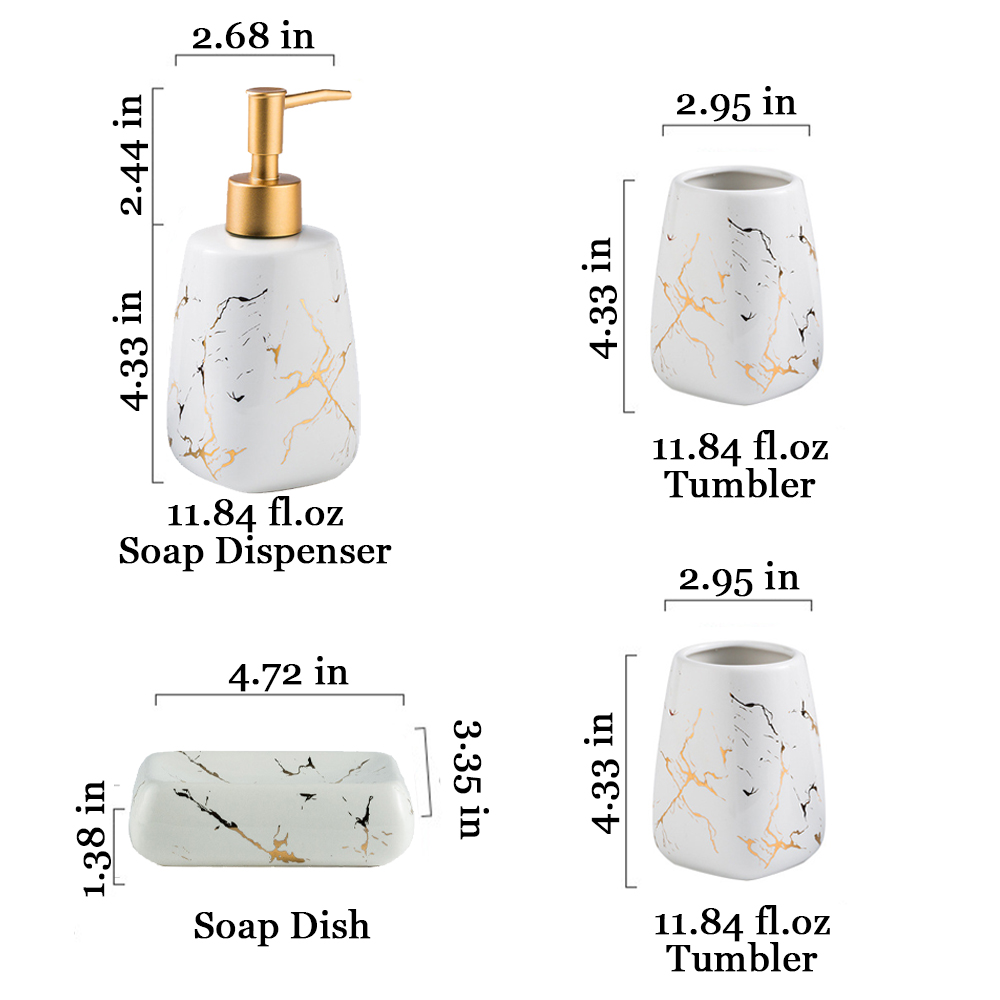 4 Pcs Bathroom Soap Dispenser Set Marble Bathroom Accessories Set Ceramic Bathroom Accessories Complete Set Vanity Countertop Accessory Set- 1 Soap Dispenser, 2 Tumblers, 1 Soap Dish, Glossy White