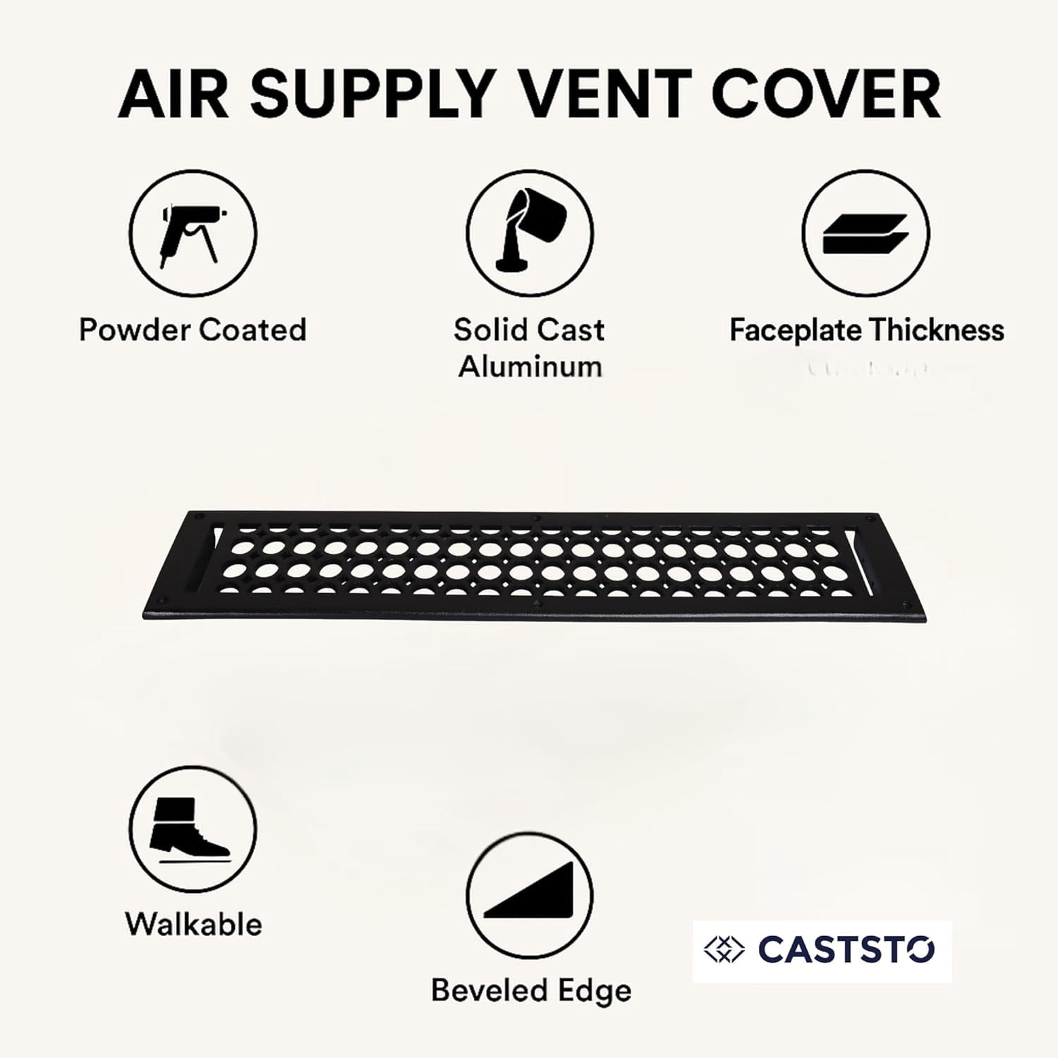 4"x30" Caststo Cast Aluminum Contemporary Design Air Return Grille | Overall 6"x32" | Black | Model-Oval (With Holes)