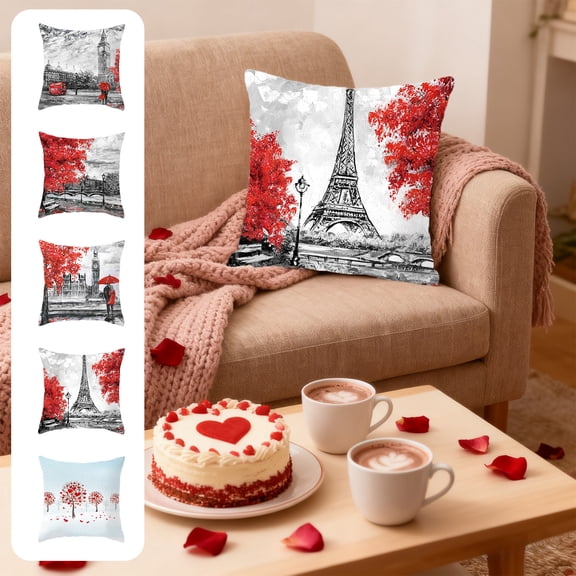 SCNOR Valentine's Day Pillow Cover 18x18 Inch, Linen-Blend Polyester London Print with Hidden Zipper (Pillow Insert Not Included)