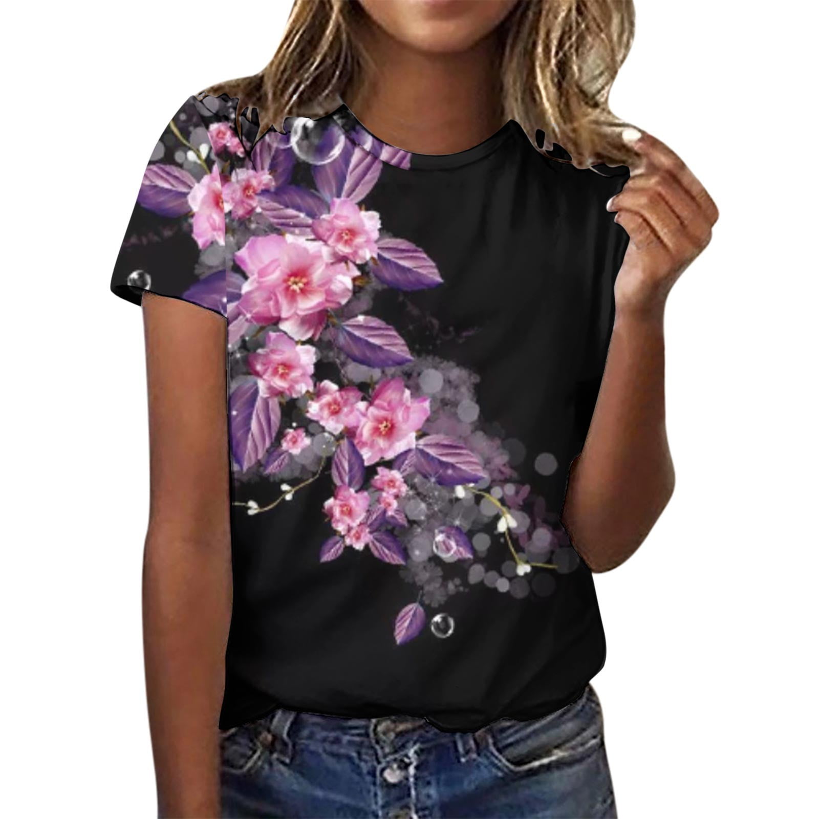 Women'S Tops Clearance Floral Patterns Short Sleeve Crew Neck Blouses