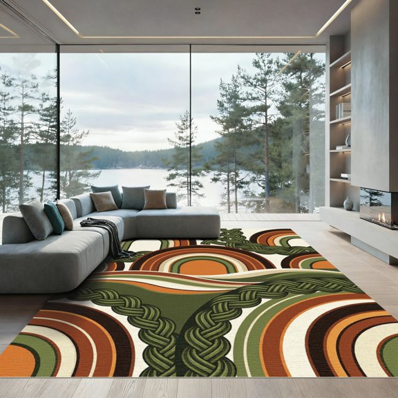 ODIKA 4' x 6' Machine Washable Non-Slip Area Rug, 70s geometric High Traffic Rug, Orange, 1164095