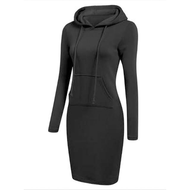 LUXUR Robes à Capuche pour Femmes Manches Longues Pull à Capuche Couleur Unie Robe Sweat Ajustée avec Cordon Noir m