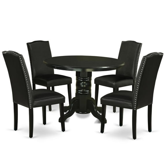SHEN5-BLK-69 5Pc Rounded 42 Inch Dining Table And Four Parson Chair With Black Leg And Pu Leather Color Black