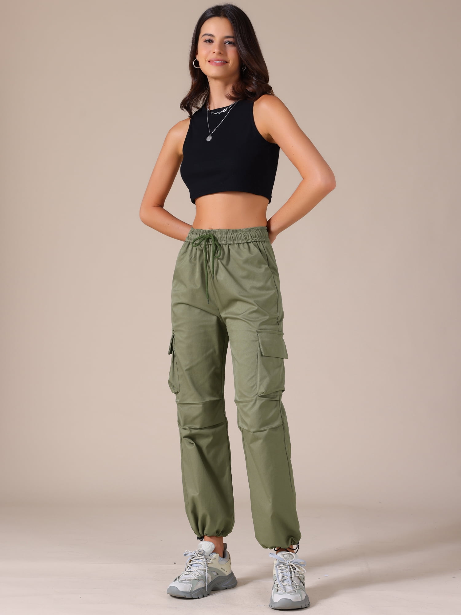 DARING DIVA Women's Cargo Joggers Streetwear Pockets Casual Pants Large Army Green